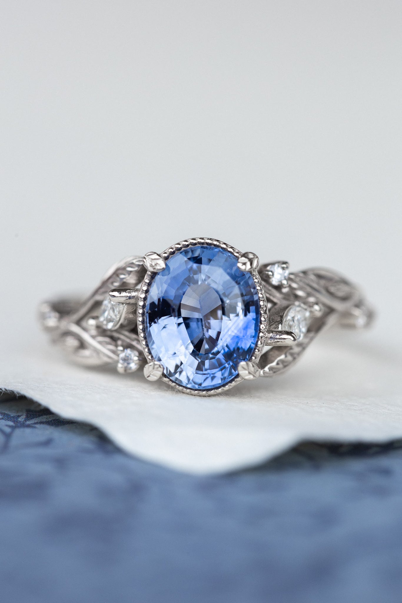 Natural blue sapphire engagement ring, gold leaves and diamonds promise ring / Patricia - Eden Garden Jewelry™