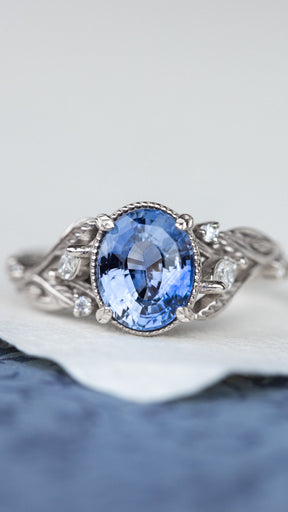 READY TO SHIP: Patricia ring in 14K white gold, natural blue sapphire 8x6 mm, accent natural diamonds, AVAILABLE RING SIZES: 6-8US - Eden Garden Jewelry™