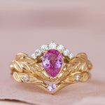 Genuine pink sapphire engagement ring set, gold palm leaves bridal ring set / Palmira Crown - Eden Garden Jewelry™