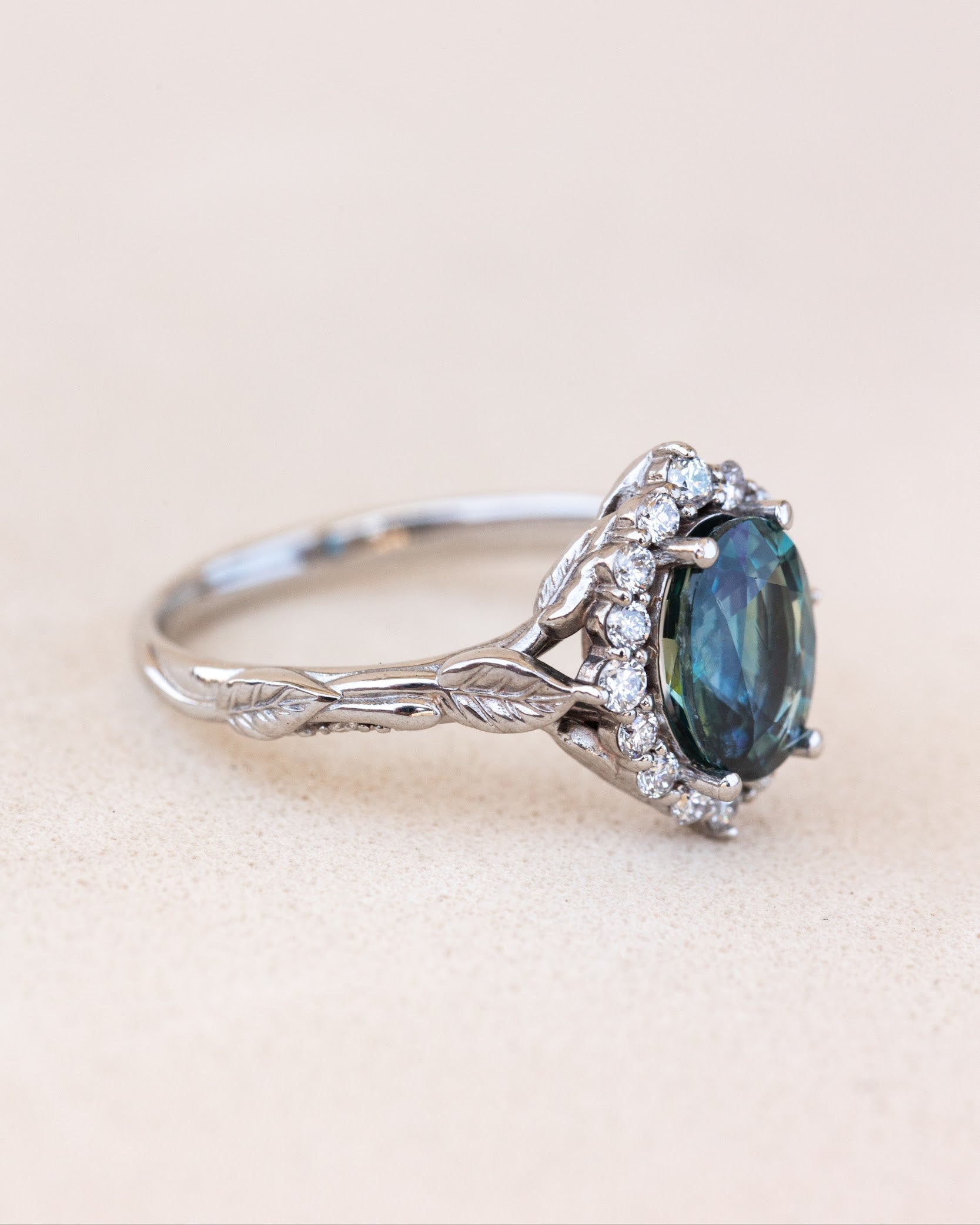 READY TO SHIP: Florentina ring in 14K white gold, natural teal sapphire oval cut 8x6 mm, accent lab grown diamonds, RING SIZE: 4.5 - 7.5 US - Eden Garden Jewelry™