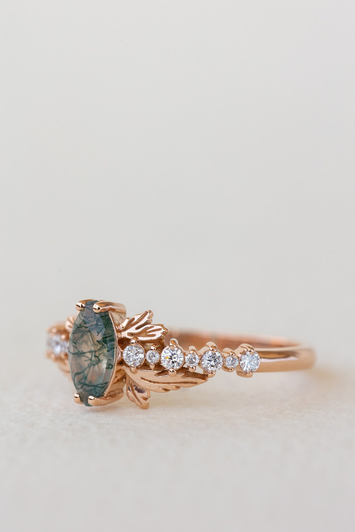 READY TO SHIP: Verbena ring in 14K or 18K rose gold, natural moss agate marquise cut 8x4 mm, accents lab grown diamonds, RING SIZE: 7 US