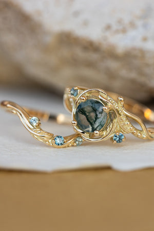 Round moss agate engagement ring with accent sapphires, nature themed proposal ring with diamonds  / Undina - Eden Garden Jewelry™