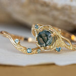 1 carat moss agate and accent teal sapphires engagement ring set, nature inspired bridal ring set / Undina - Eden Garden Jewelry™