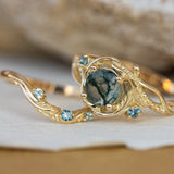 1 carat moss agate and accent teal sapphires engagement ring set, nature inspired bridal ring set / Undina - Eden Garden Jewelry™