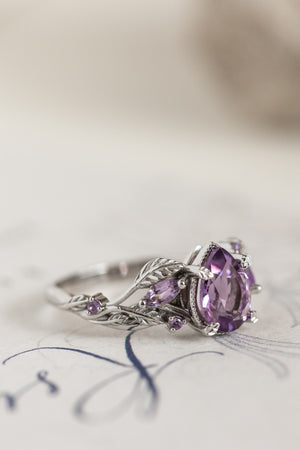 Patricia ring in 14K white gold, natural amethyst pear cut 8x6 mm, accent amethysts - Eden Garden Jewelry™