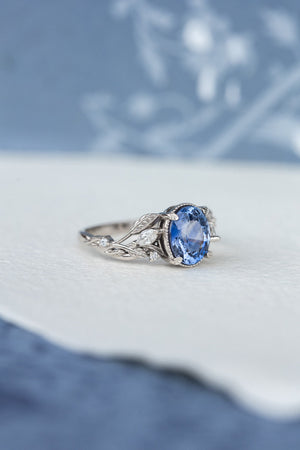 READY TO SHIP: Patricia ring in 14K white gold, natural blue sapphire 8x6 mm, accent natural diamonds, AVAILABLE RING SIZES: 6-8US - Eden Garden Jewelry™