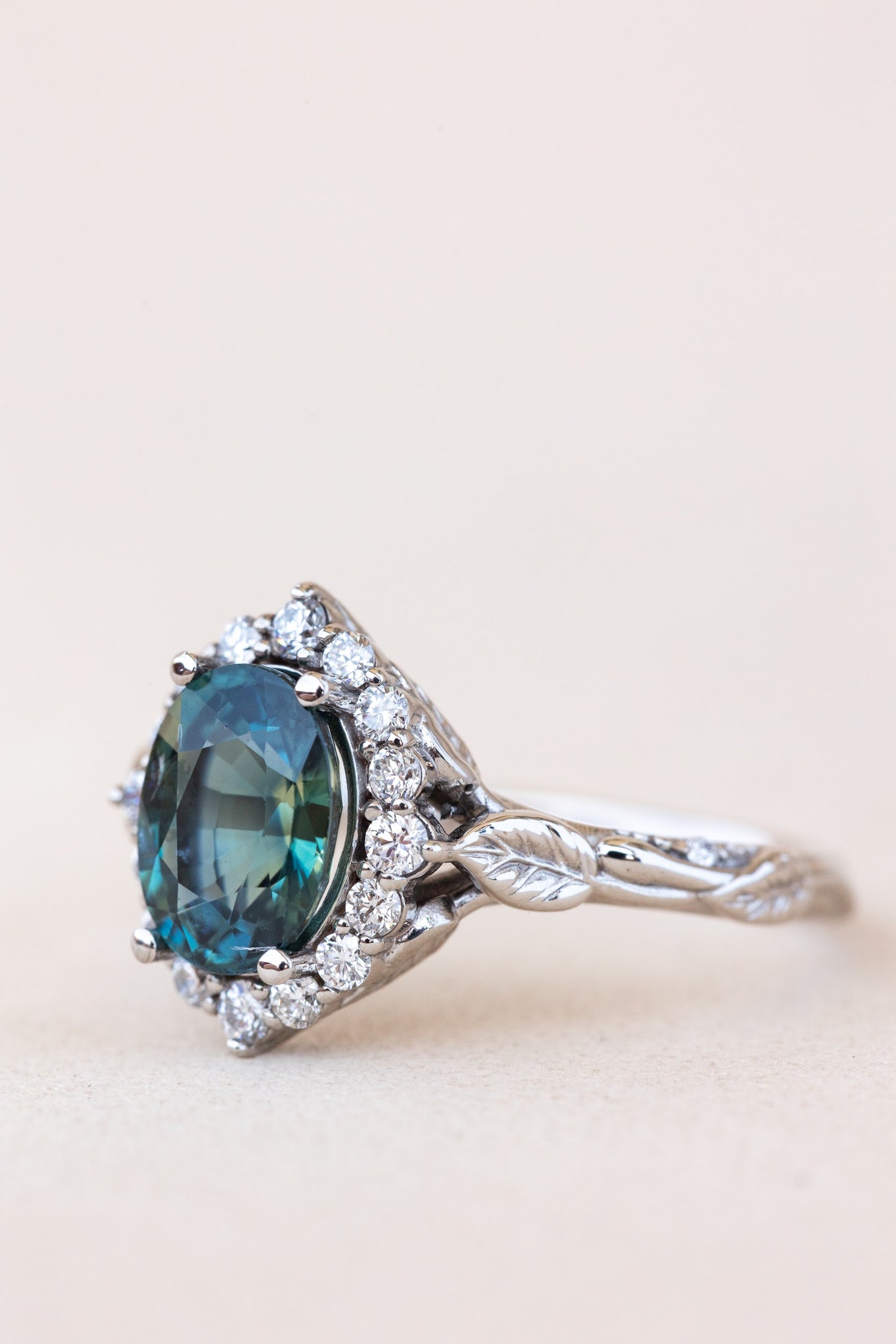 READY TO SHIP: Florentina ring in 14K white gold, natural teal sapphire oval cut 8x6 mm, accent lab grown diamonds, RING SIZE: 6 US