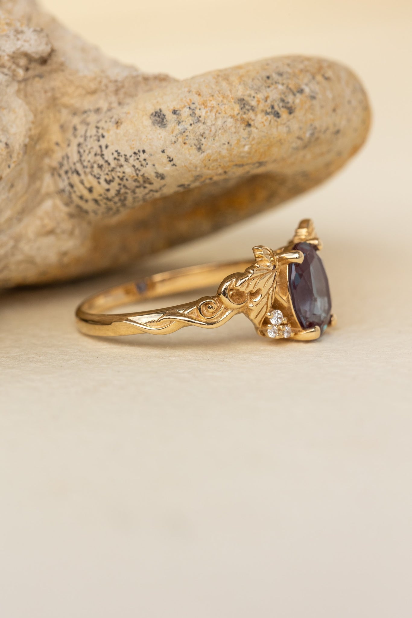 Lab-created alexandrite and lab grown diamonds engagement ring / Vineyard