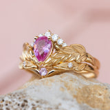 Genuine pink sapphire engagement ring set, gold palm leaves bridal ring set / Palmira Crown - Eden Garden Jewelry™