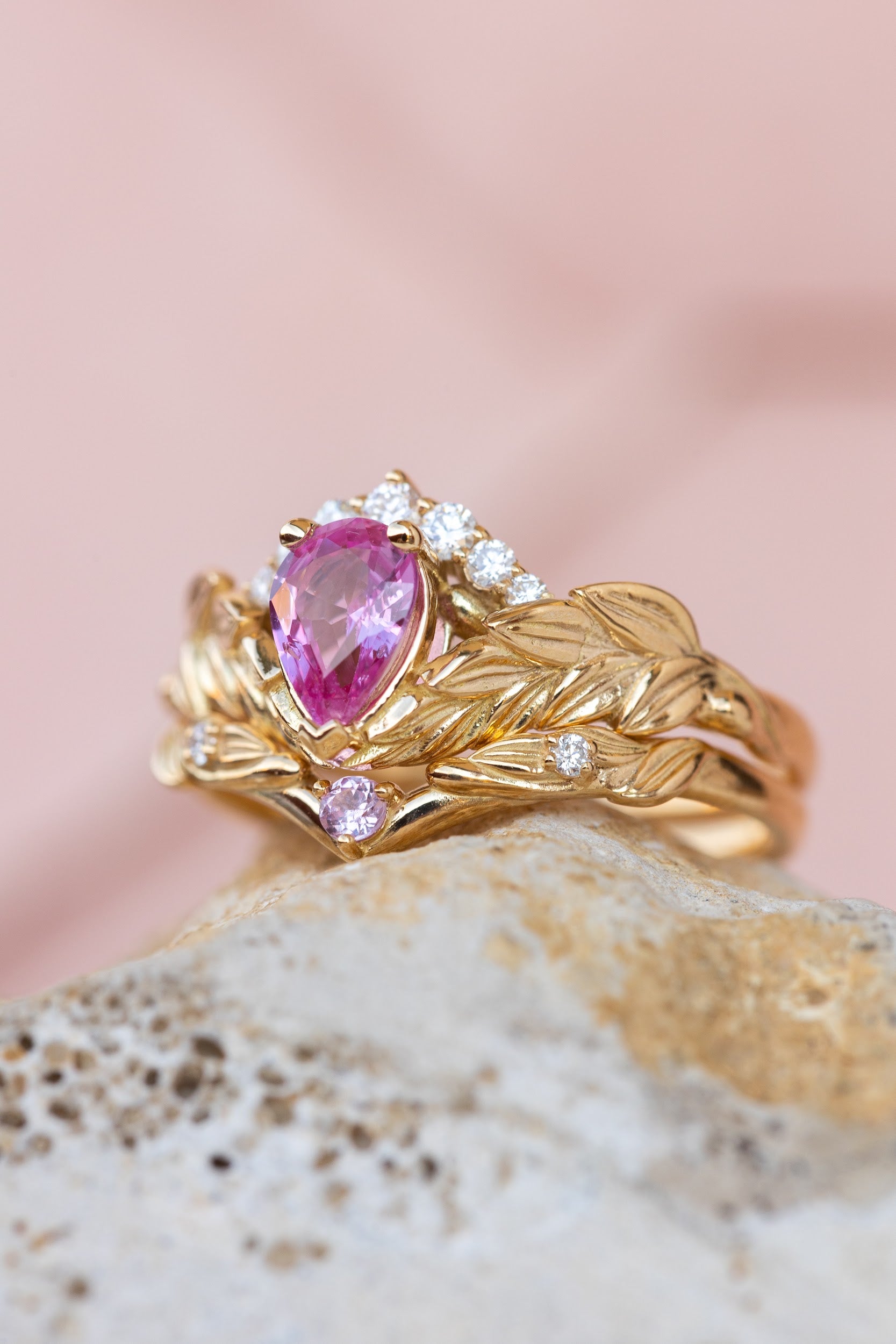 Genuine pink sapphire engagement ring set, gold palm leaves bridal ring set / Palmira Crown - Eden Garden Jewelry™