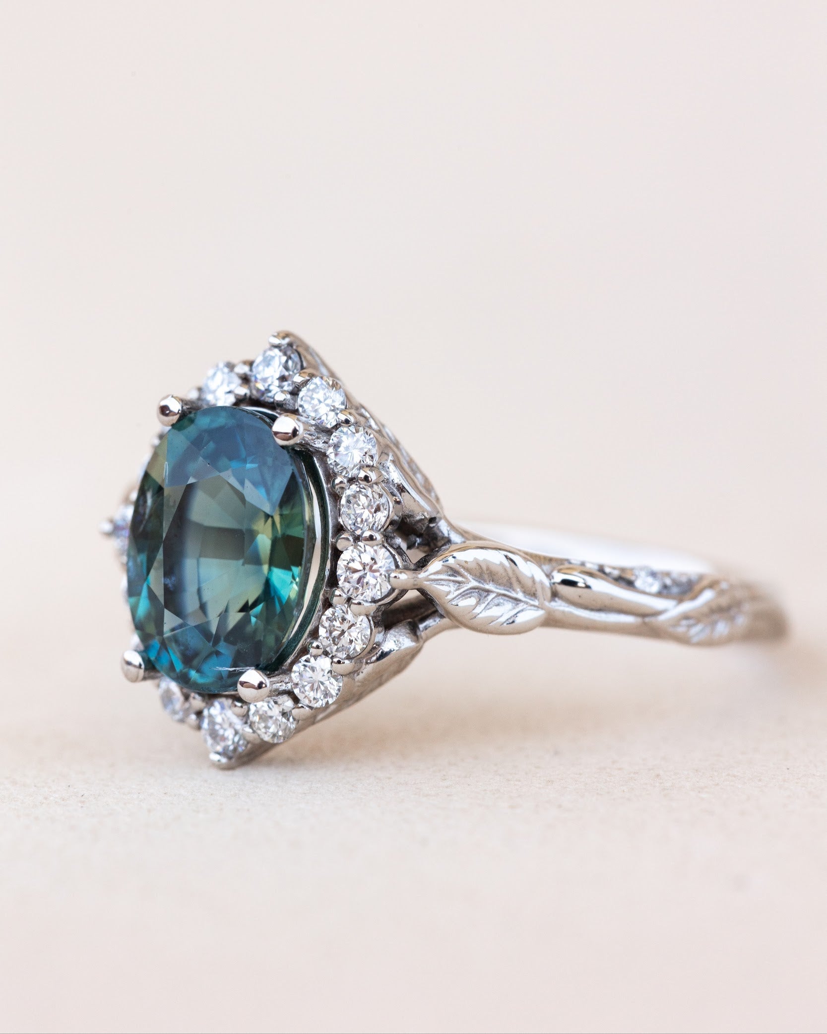 READY TO SHIP: Florentina ring in 14K white gold, natural teal sapphire oval cut 8x6 mm, accent lab grown diamonds, RING SIZE: 4.5 - 7.5 US - Eden Garden Jewelry™