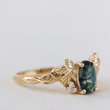 READY TO SHIP: Vineyard engagement ring in 14K yellow gold, oval moss agate, accents lab grown diamonds, RING SIZE: 5.5 - 8.5 US