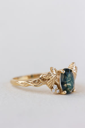 READY TO SHIP: Vineyard engagement ring in 14K yellow gold, oval moss agate, accents lab grown diamonds, RING SIZE: 7 US