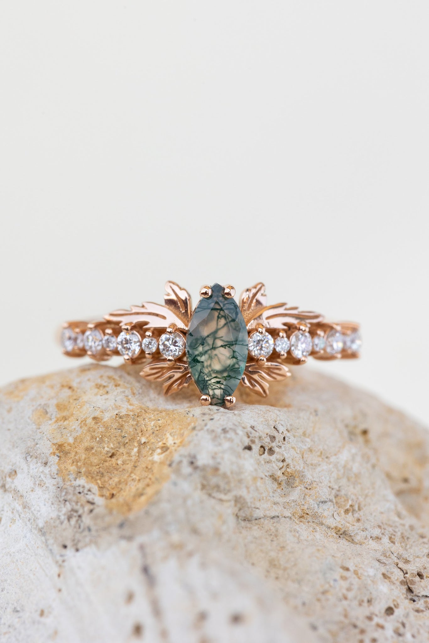 READY TO SHIP: Verbena ring in 14K or 18K rose gold, natural moss agate marquise cut 8x4 mm, accents lab grown diamonds, RING SIZE: 7 US