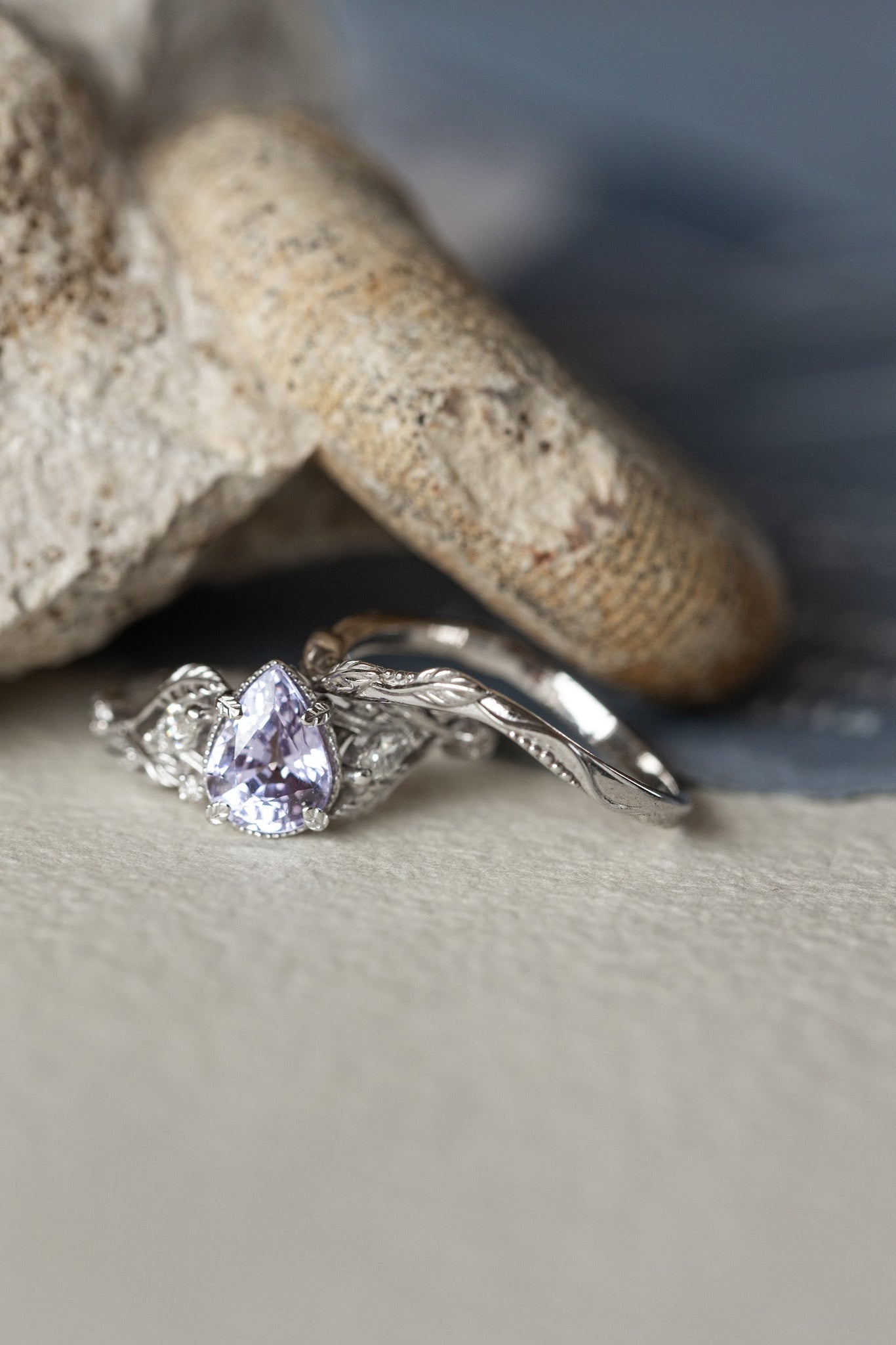 White gold engagement ring with lavender sapphire, nature inspired engagement ring with pear gemstone / Patricia - Eden Garden Jewelry™