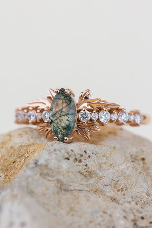 READY TO SHIP: Verbena ring in 14K or 18K rose gold, natural moss agate marquise cut 8x4 mm, accents lab grown diamonds, RING SIZE: 7 US