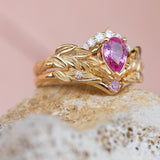 Genuine pink sapphire engagement ring set, gold palm leaves bridal ring set / Palmira Crown - Eden Garden Jewelry™