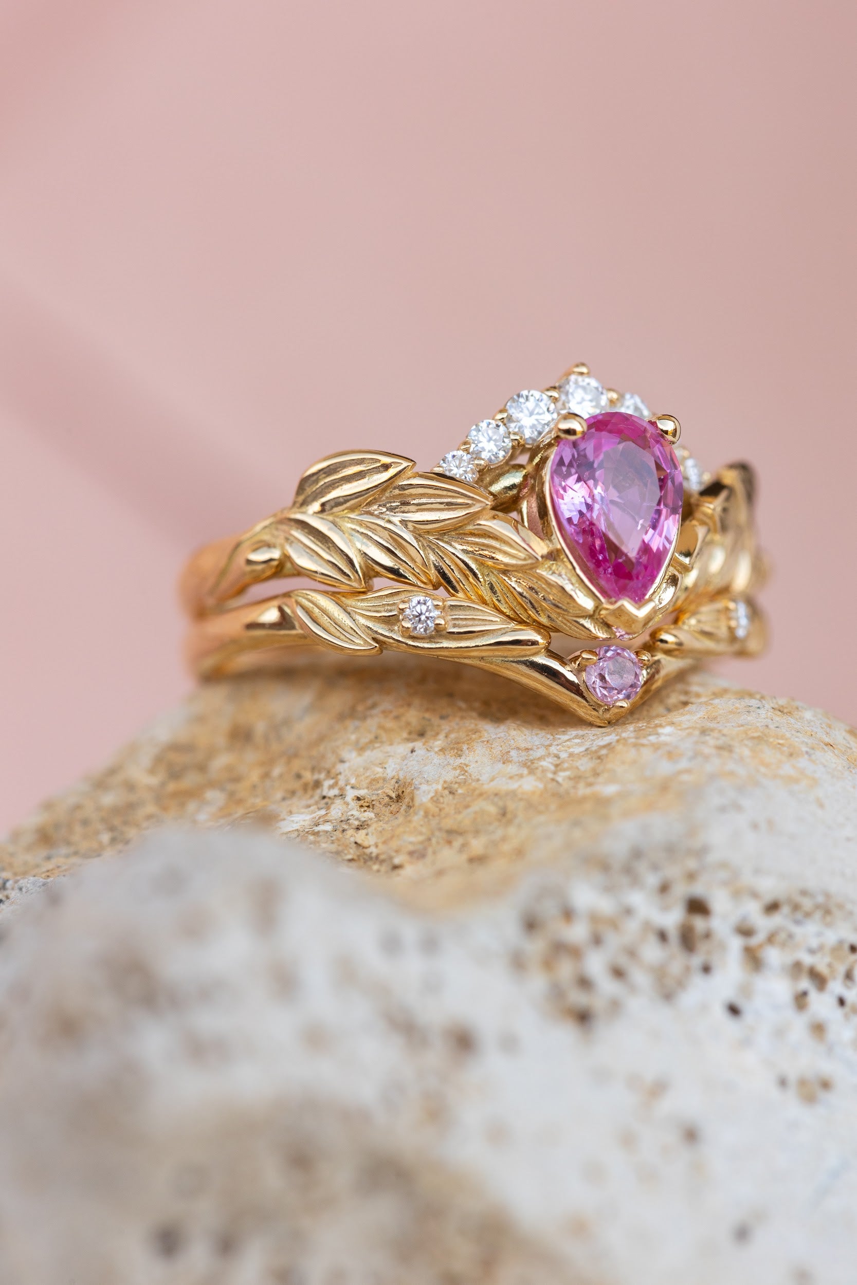 Genuine pink sapphire engagement ring set, gold palm leaves bridal ring set / Palmira Crown - Eden Garden Jewelry™