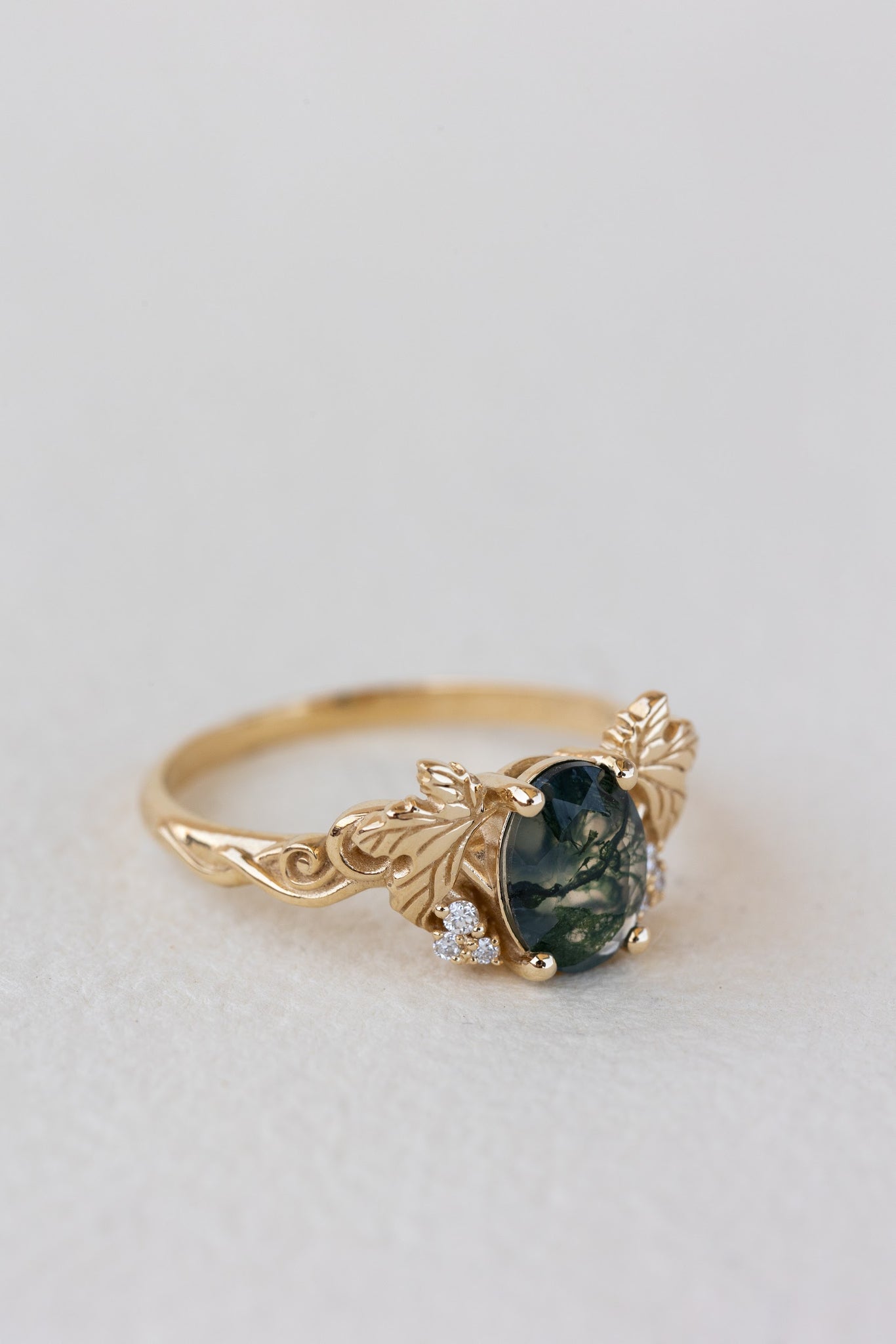 Moss agate and diamonds engagement ring, gold leaf and vine engagement ring / Vineyard