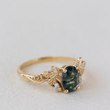 READY TO SHIP: Vineyard engagement ring in 14K yellow gold, oval moss agate, accents lab grown diamonds, RING SIZE: 5.5 - 8.5 US