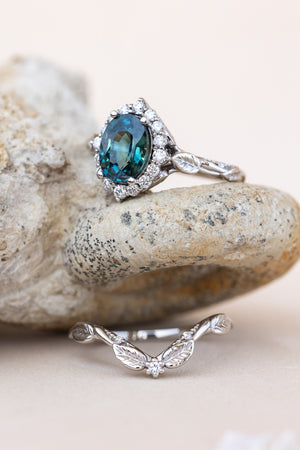 READY TO SHIP: Florentina ring in 14K white gold, natural teal sapphire oval cut 8x6 mm, accent lab grown diamonds, RING SIZE: 6 US