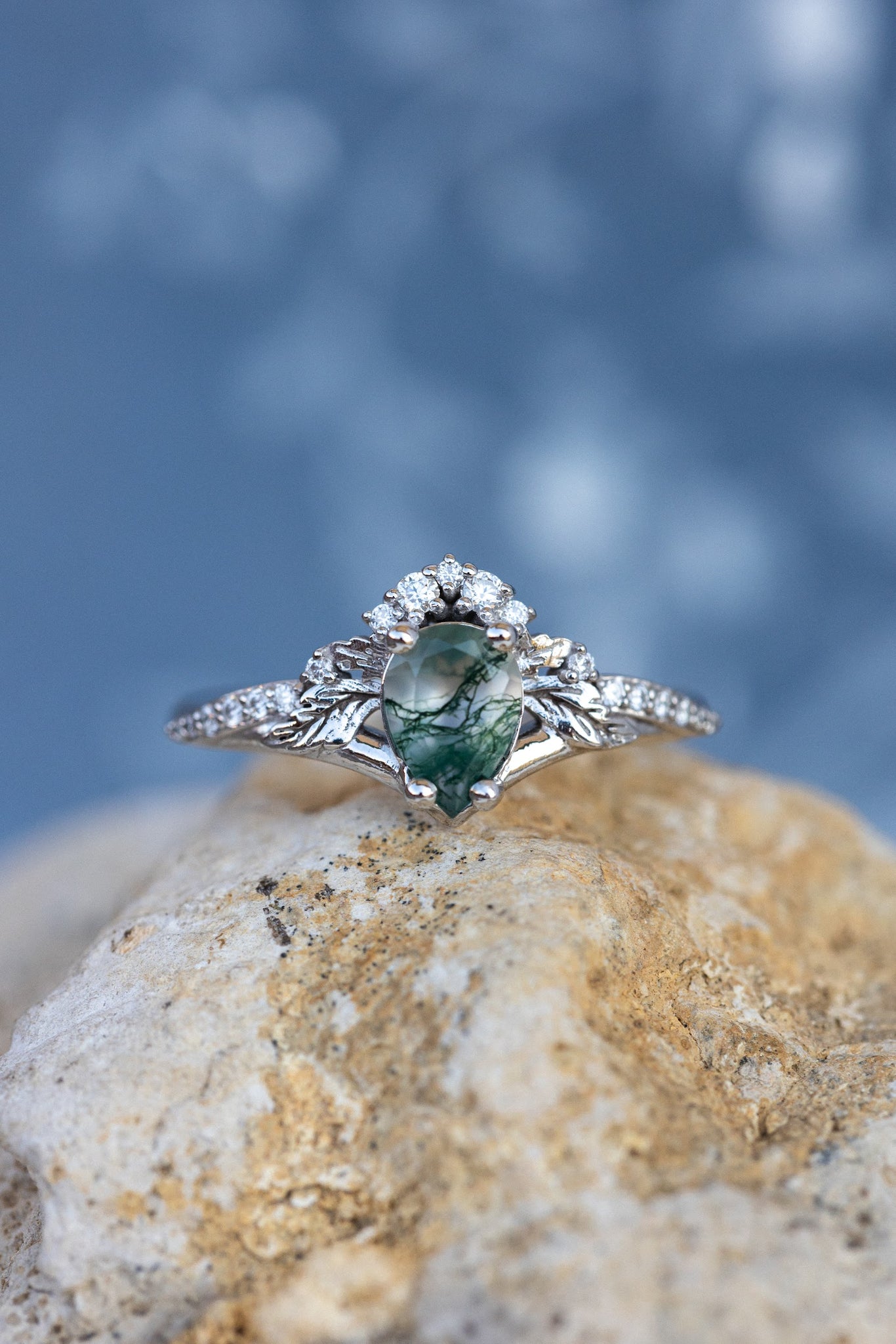 Rutile moss agate engagement ring, diamond crown proposal ring with moss agate / Amelia - Eden Garden Jewelry™