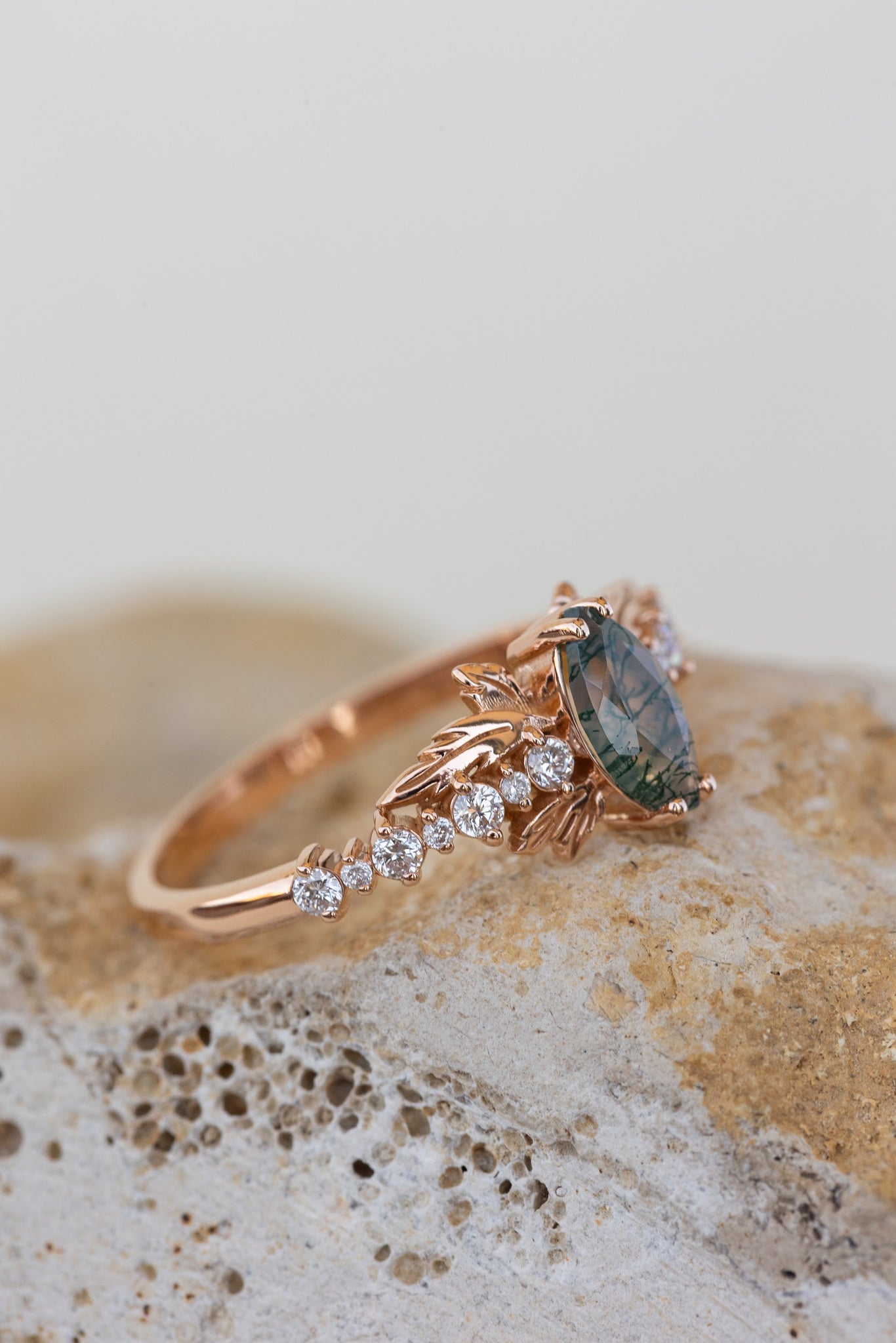 READY TO SHIP: Verbena ring in 14K or 18K rose gold, natural moss agate marquise cut 8x4 mm, accents lab grown diamonds, RING SIZE: 7 US