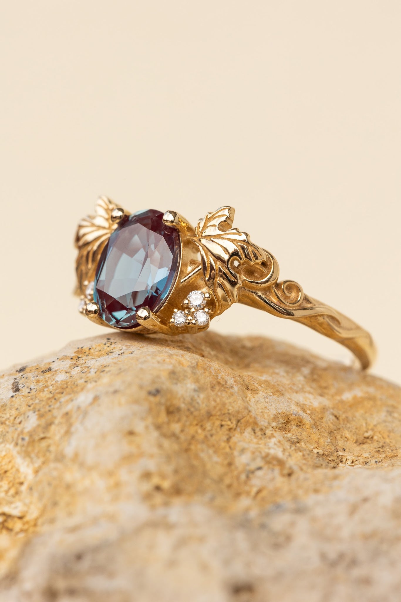 Lab-created alexandrite and lab grown diamonds engagement ring / Vineyard