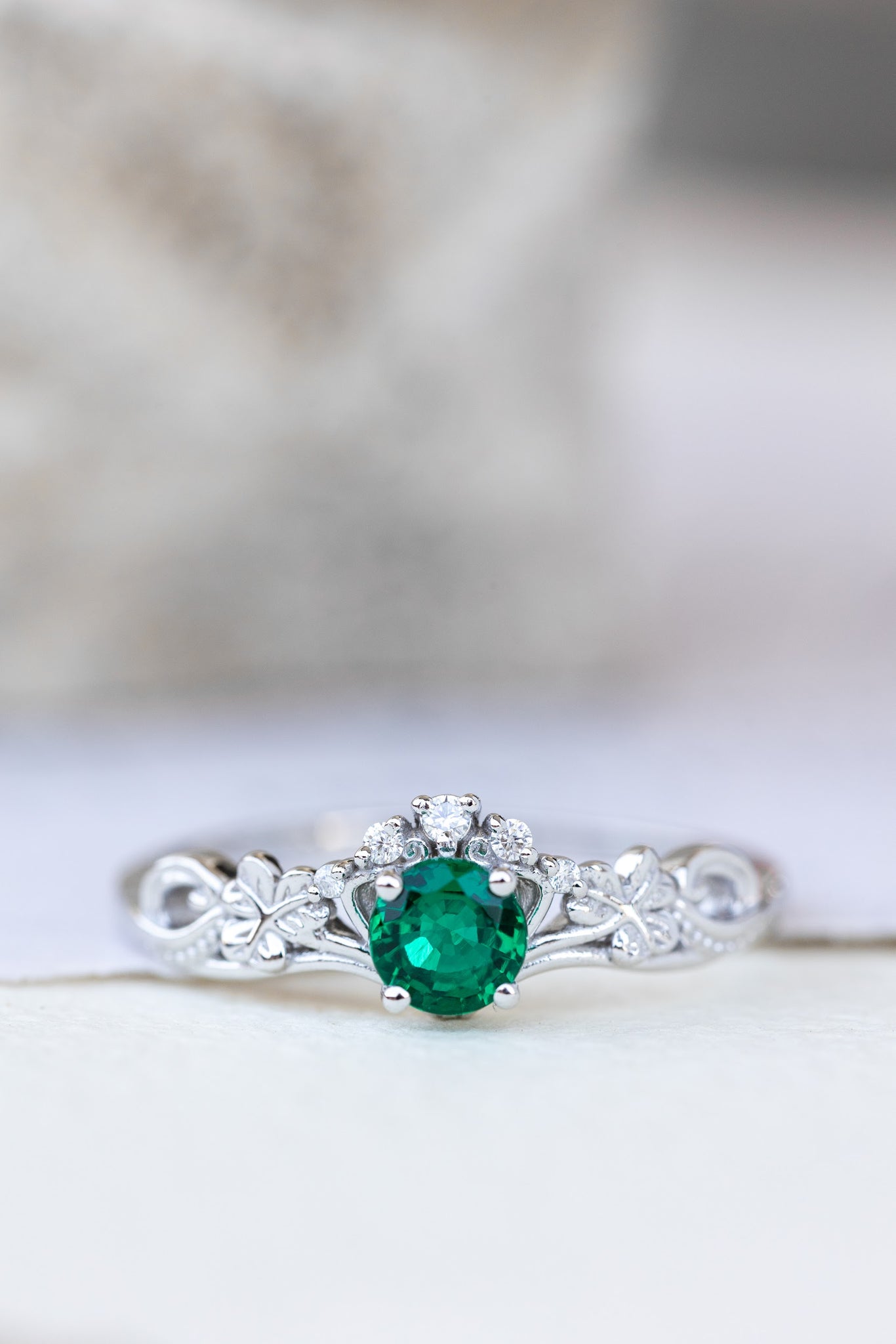 Lab created emerald engagement ring, celtic proposal ring with diamonds / Horta - Eden Garden Jewelry™