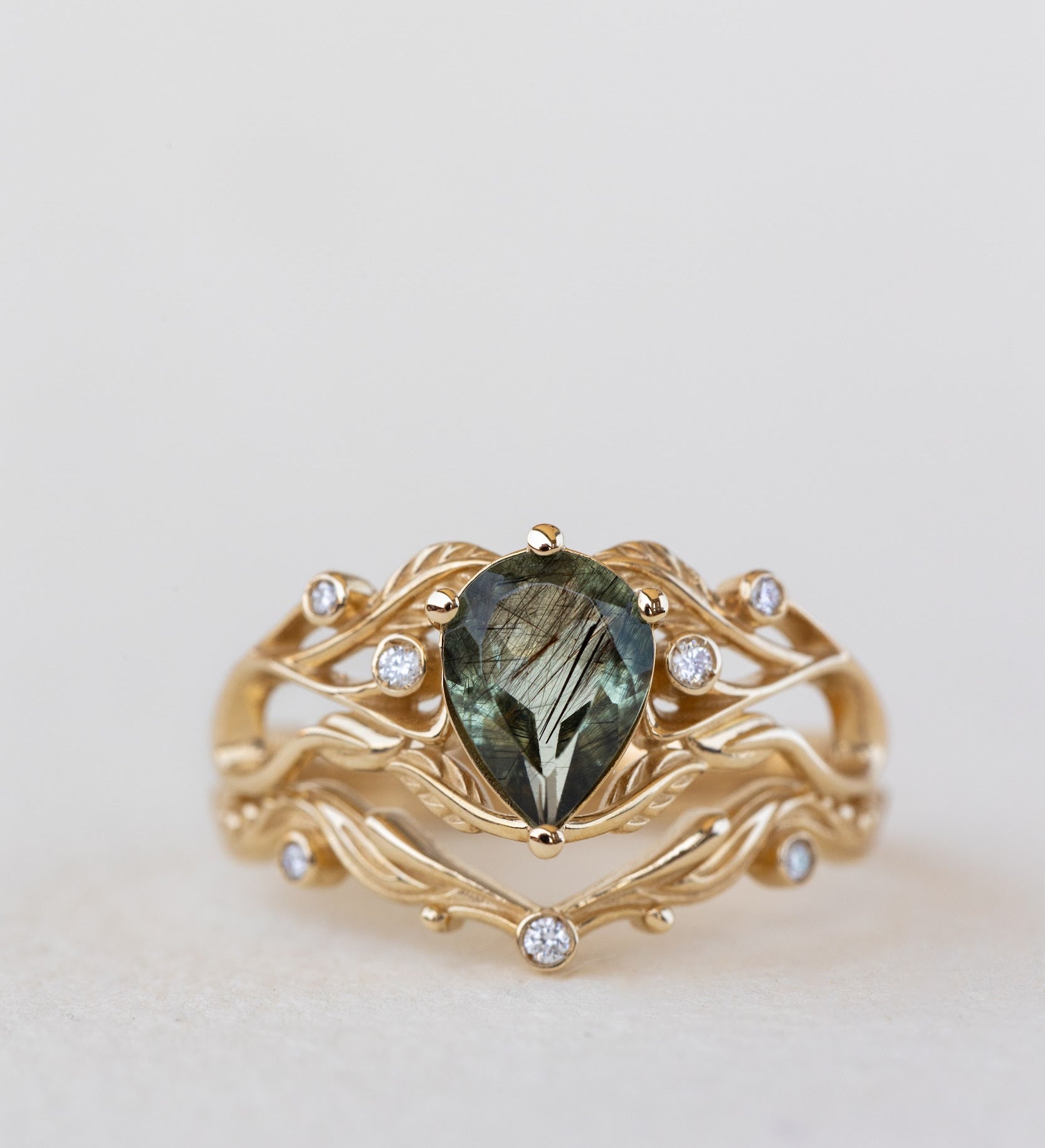 READY TO SHIP: Callisto bridal ring set in 14K yellow gold, unique rutile peridot and accent lab grown diamonds, RING SIZE 5 - 8 US - Eden Garden Jewelry™