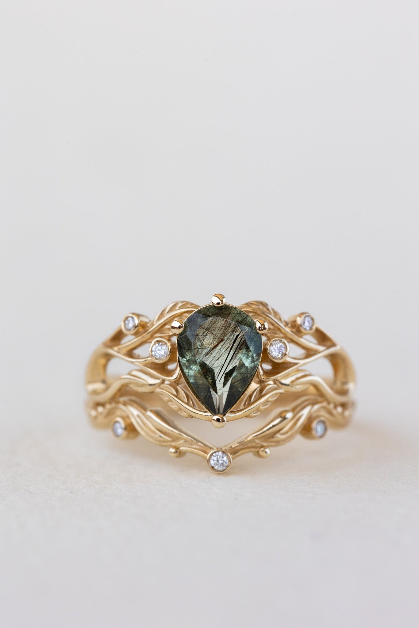 READY TO SHIP: Callisto bridal ring set in 14K yellow gold, unique rutile peridot and accent lab grown diamonds, RING SIZE 6.5 US