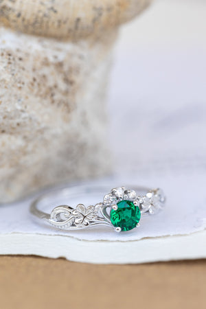 Lab emerald engagement ring set, white gold clover leaves bridal ring set / Horta - Eden Garden Jewelry™