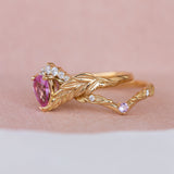 Genuine pink sapphire engagement ring set, gold palm leaves bridal ring set / Palmira Crown - Eden Garden Jewelry™