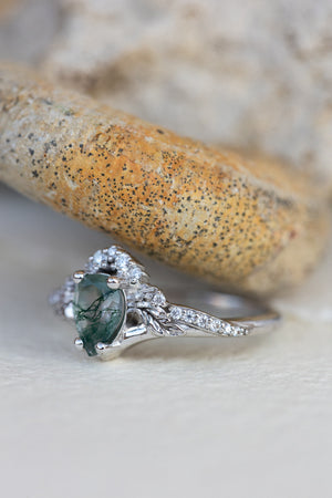 Rutile moss agate engagement ring, diamond crown proposal ring with moss agate / Amelia - Eden Garden Jewelry™