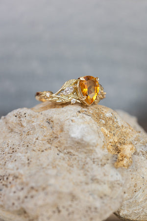 Natural citrine engagement ring, promise ring with leaves and diamonds / Patricia - Eden Garden Jewelry™