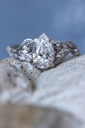 Pear lab grown diamond engagement ring, white gold vines and leaves ring with diamonds / Patricia - Eden Garden Jewelry™