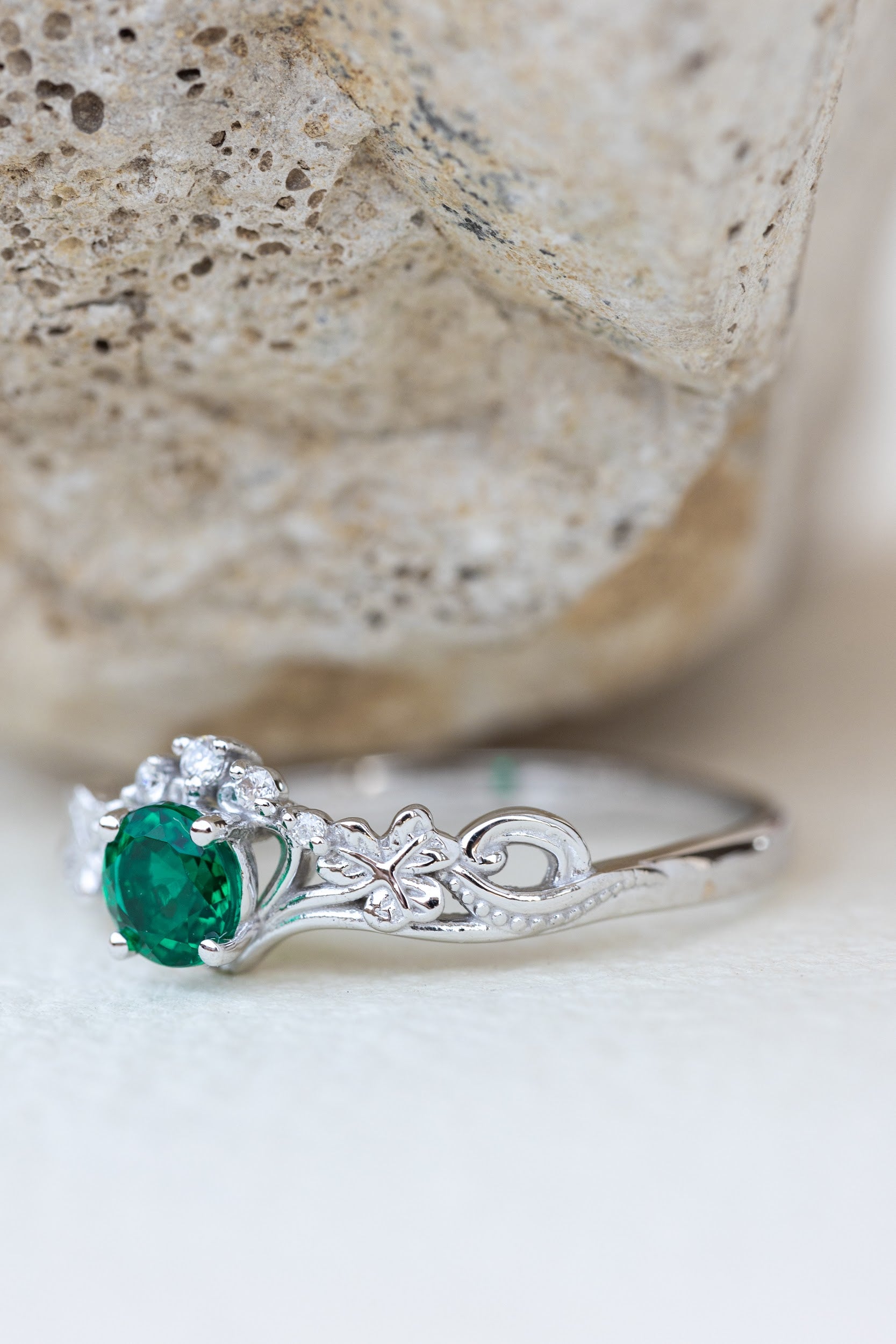 Lab created emerald engagement ring, celtic proposal ring with diamonds / Horta - Eden Garden Jewelry™