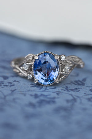READY TO SHIP: Patricia ring in 14K white gold, natural blue sapphire 8x6 mm, accent natural diamonds, AVAILABLE RING SIZES: 6-8US - Eden Garden Jewelry™