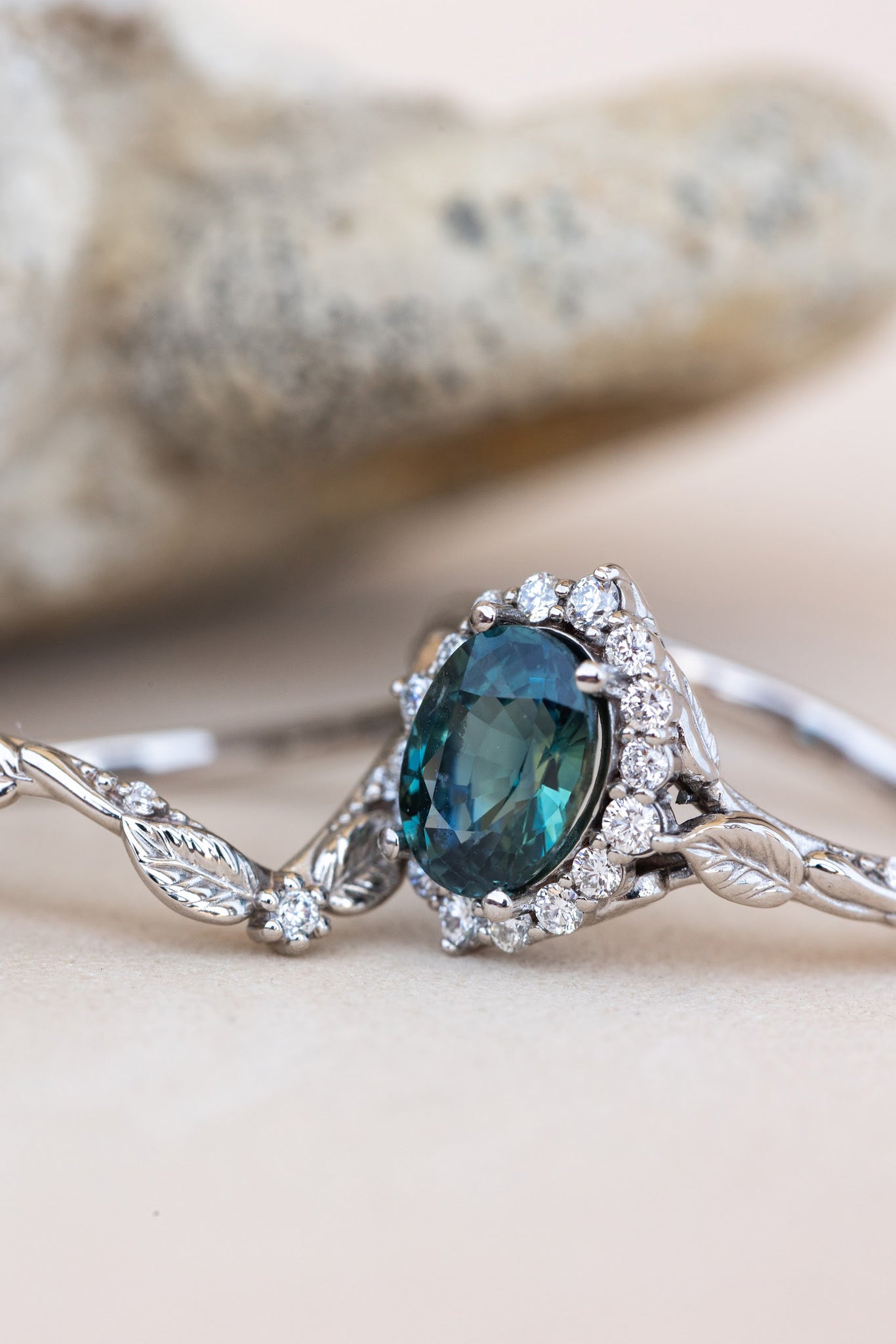 READY TO SHIP: Florentina ring in 14K white gold, natural teal sapphire oval cut 8x6 mm, accent lab grown diamonds, RING SIZE: 6 US