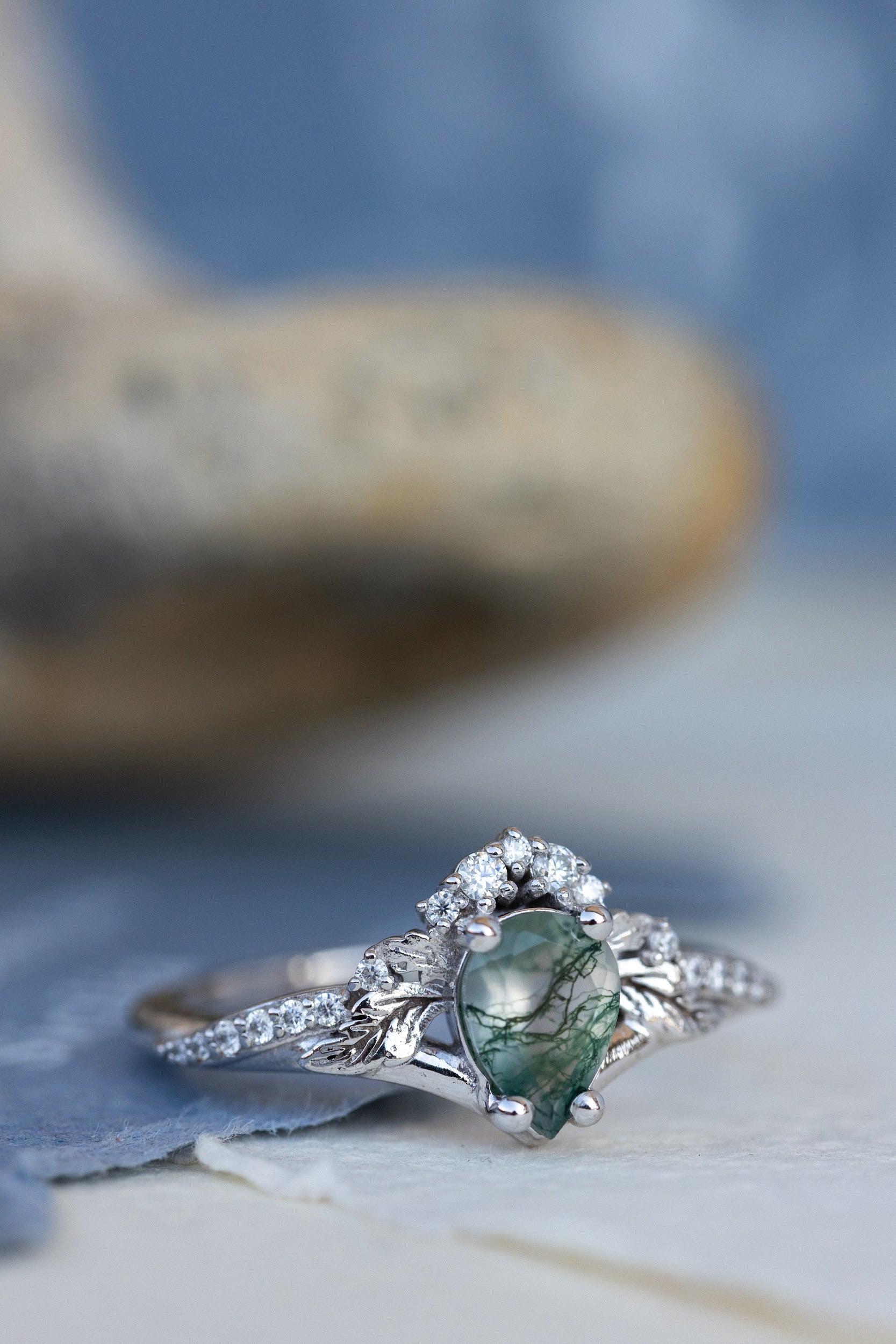 One of a kind moss agate bridal ring set, gold stacking engagement and wedding rings / Amelia - Eden Garden Jewelry™