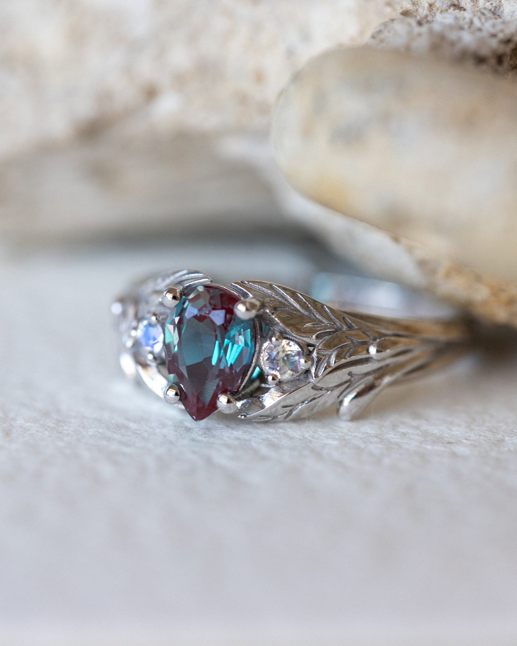 Colour changing alexandrite engagement ring, gold twig ring with side moonstones / Wisteria - Eden Garden Jewelry™