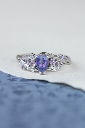 Opalescent purple sapphires bridal ring set, white gold branch stacking rings / Japanese Maple - Eden Garden Jewelry™