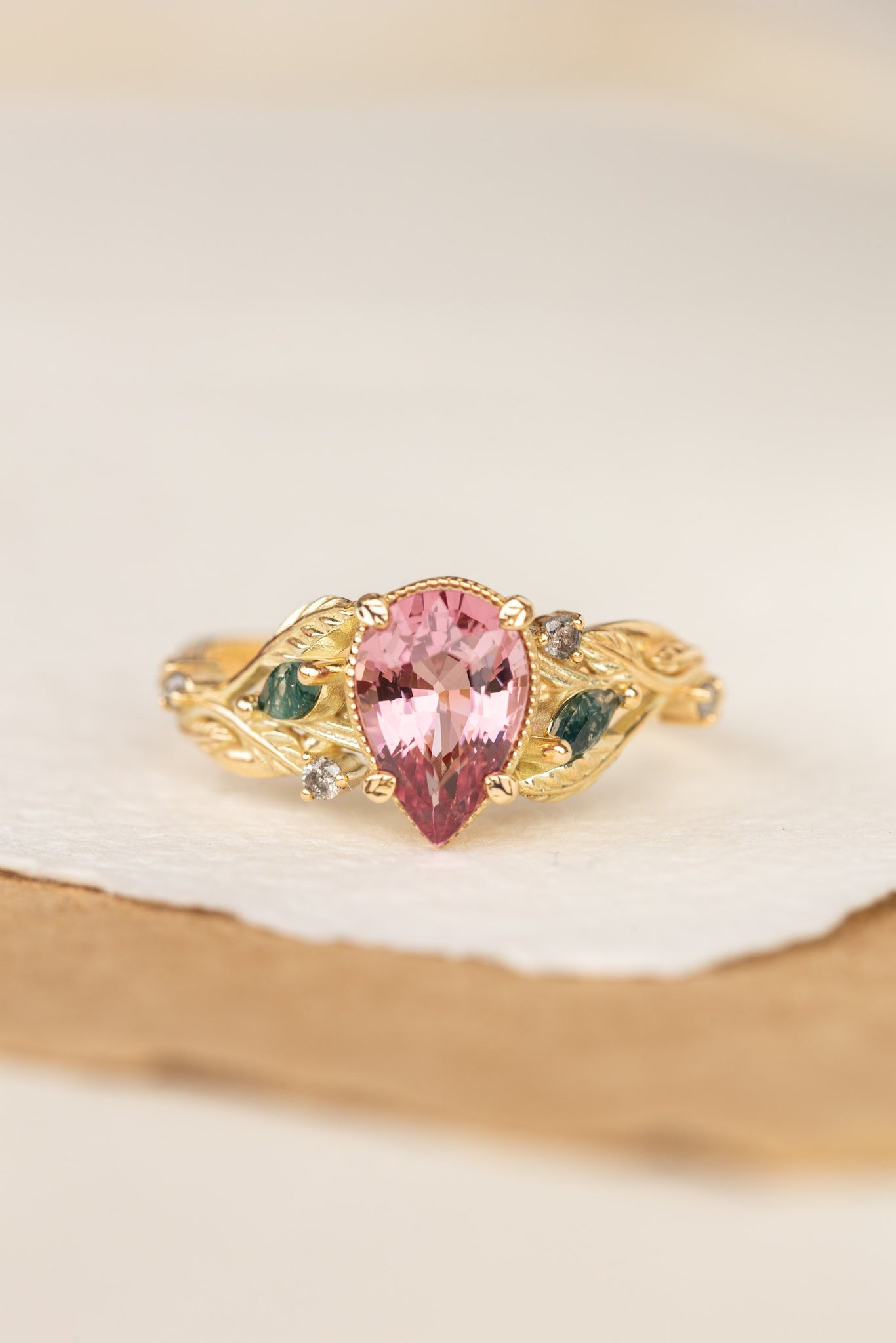Pink spinel nature themed engagement ring with moss agates and salt and pepper diamonds / Patricia - Eden Garden Jewelry™