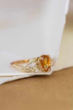 Natural citrine engagement ring, promise ring with leaves and diamonds / Patricia - Eden Garden Jewelry™