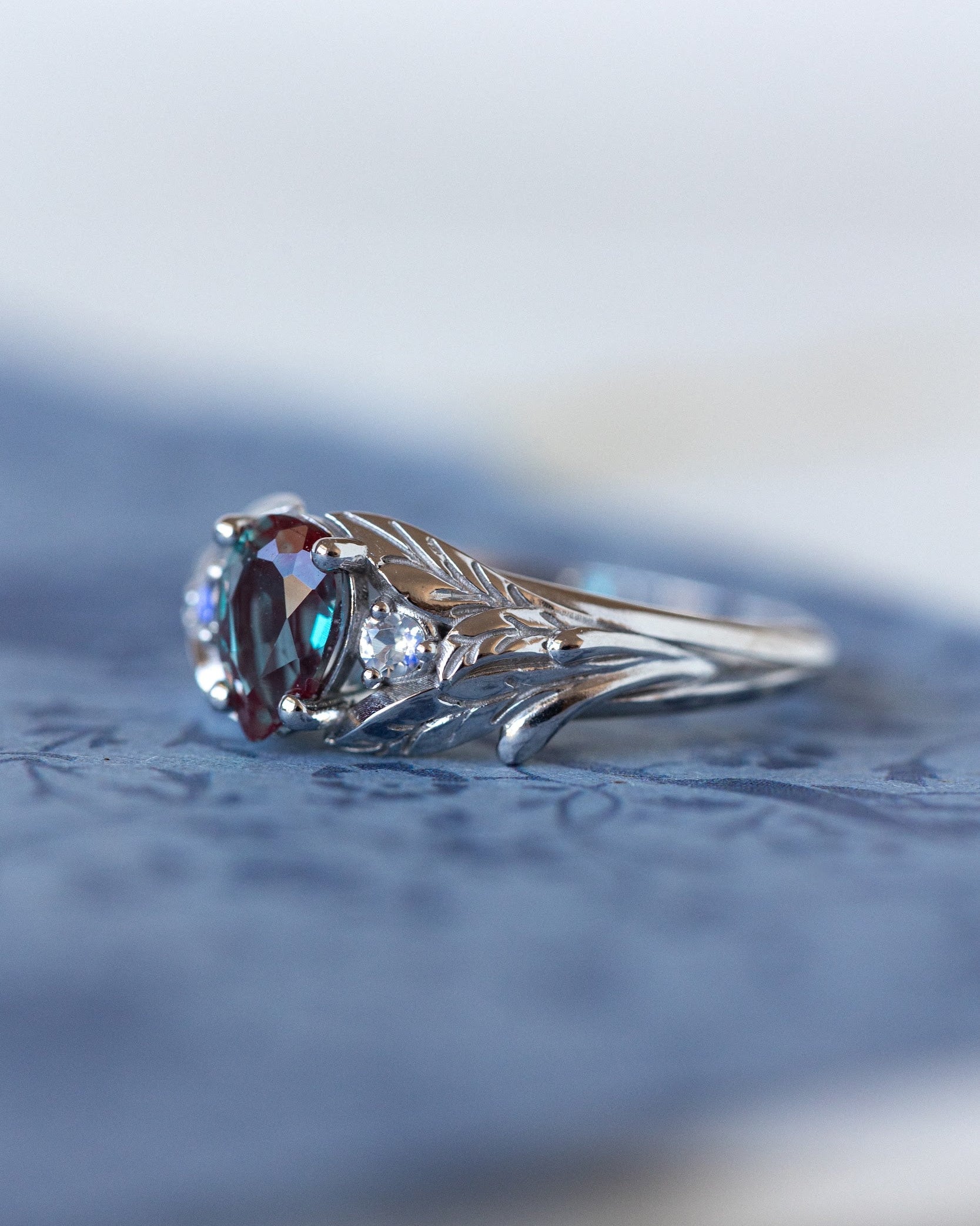 Colour changing alexandrite engagement ring, gold twig ring with side moonstones / Wisteria - Eden Garden Jewelry™