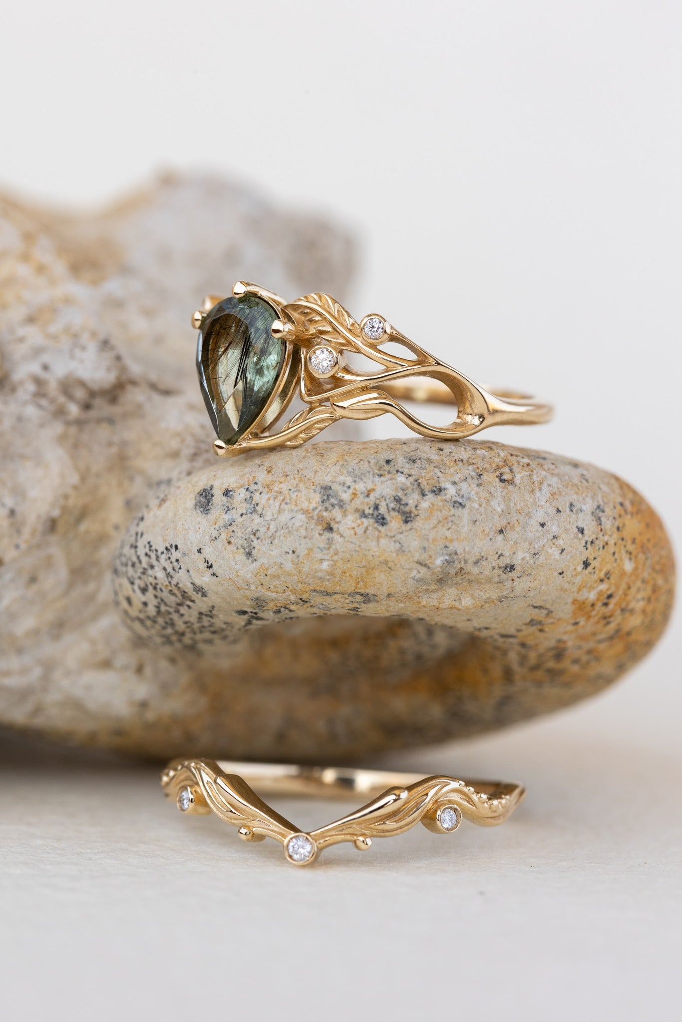 READY TO SHIP: Callisto bridal ring set in 14K yellow gold, unique rutile peridot and accent lab grown diamonds, RING SIZE 6.5 US