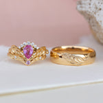 Genuine pink sapphire engagement ring set, gold palm leaves bridal ring set / Palmira Crown - Eden Garden Jewelry™