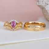 Genuine pink sapphire engagement ring set, gold palm leaves bridal ring set / Palmira Crown - Eden Garden Jewelry™