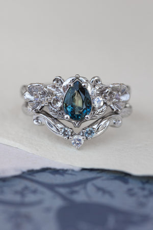 Teal sapphire and accent moonstones engagement ring, floral baroque style ring / Adelina - Eden Garden Jewelry™