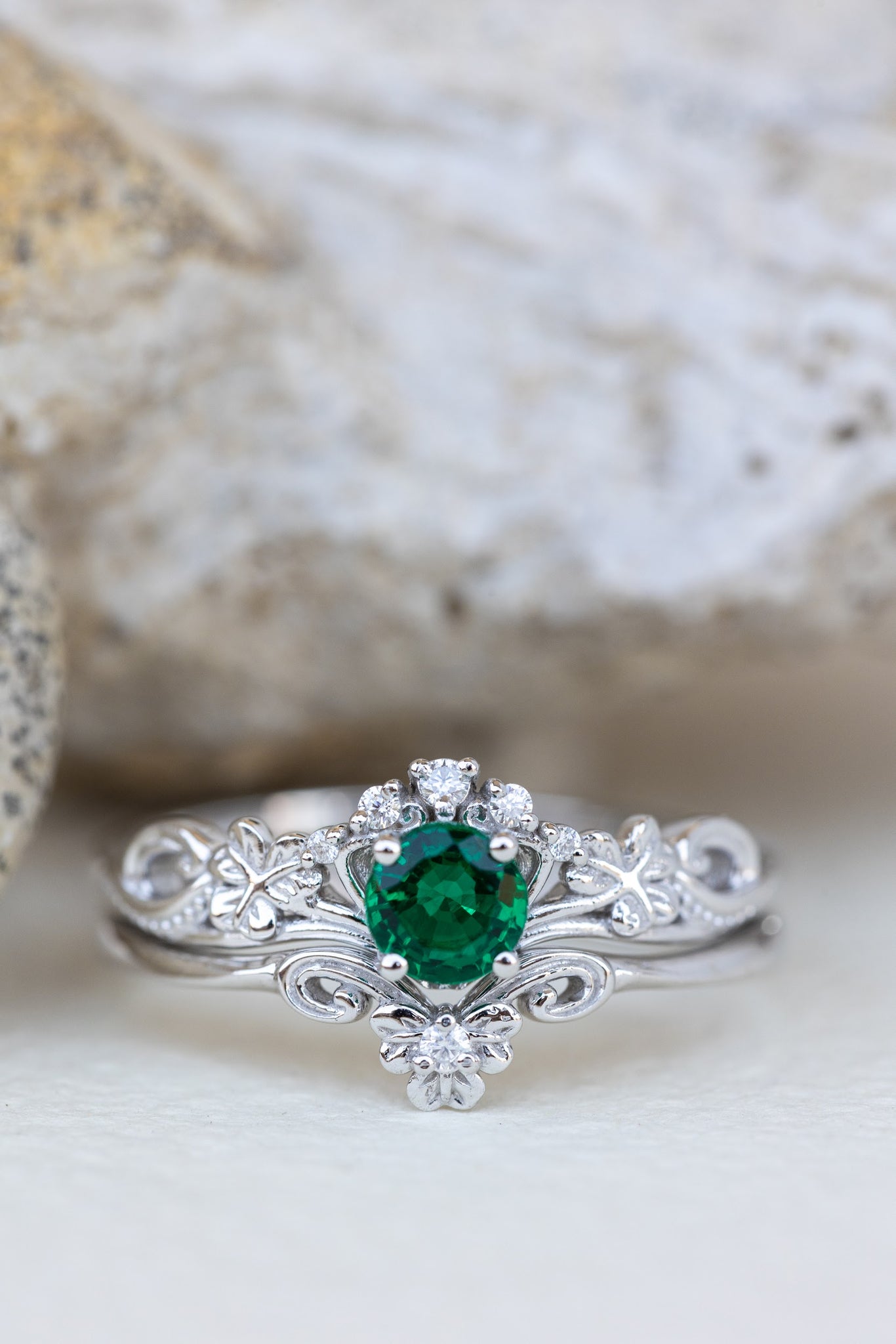 Round Cut Celtic diamond Wedding Ring Set With Emerald In 18K White Gold |  Fascinating Diamonds